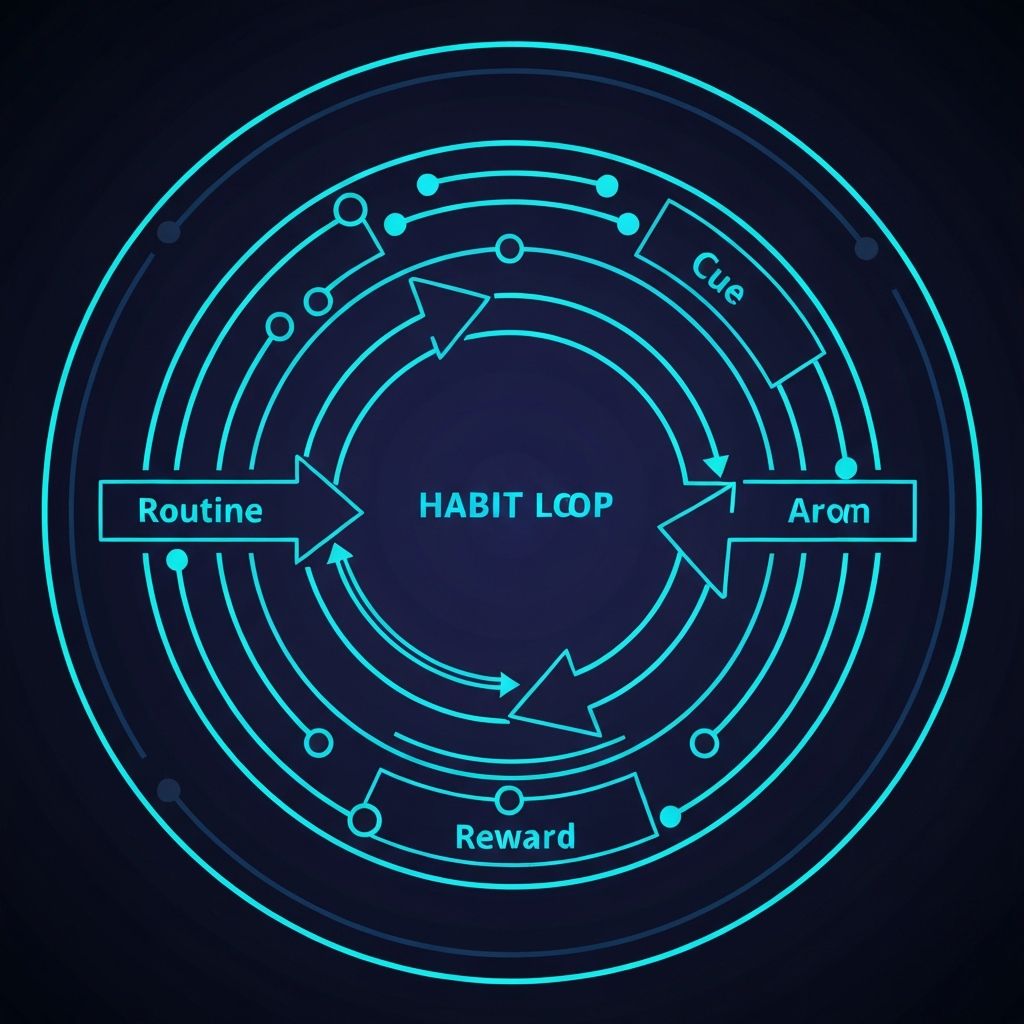 Circular habit loop diagram with cue, routine, reward