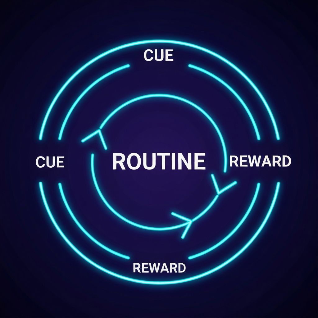 Diagram showing the circular cue-routine-reward loop